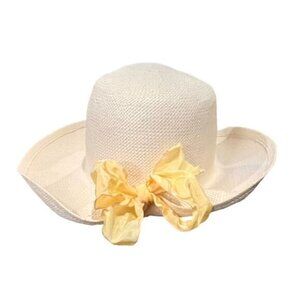 Banana Republic Wide Brim Garden Hat Yellow Bow Travel Preppy Coastal Boho EUC‎